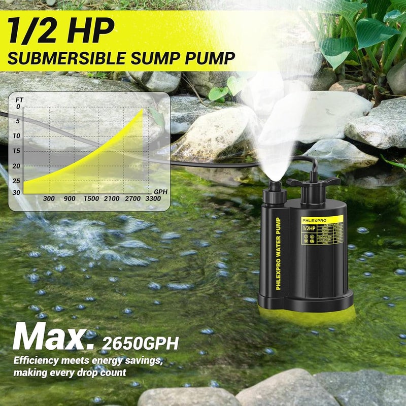 PHLEX PRO Sump Pump 1/2HP Submersible Water Pump, 2650GPH Utility Pump Thermoplastic Electric Portable Transfer Water Pump for Swimming Pool Garden Pond Basement with 16.4ft Long Power Cord - Image 4